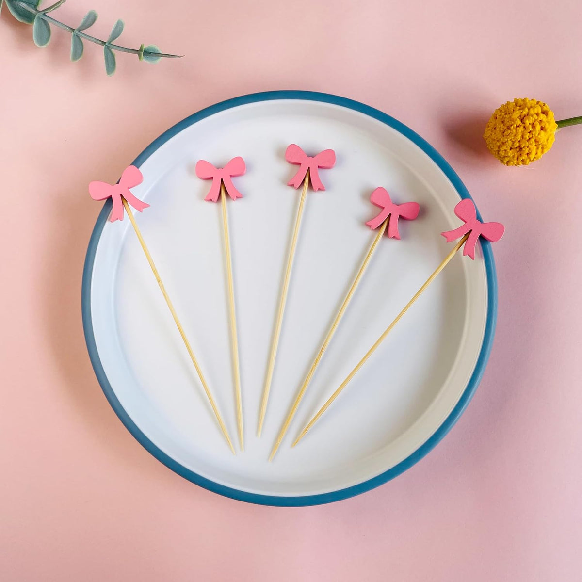 Pink Bow Fruit Skewer Sticks, 5 Inch Food Picks for Baby Shower Appetizers, Sandwich Dessert Toothpicks, Cocktail Drink Garnish for Coquette Birthday Themed Party Decorations (100PCS)