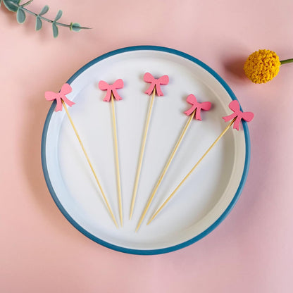 Pink Bow Fruit Skewer Sticks, 5 Inch Food Picks for Baby Shower Appetizers, Sandwich Dessert Toothpicks, Cocktail Drink Garnish for Coquette Birthday Themed Party Decorations (100PCS)