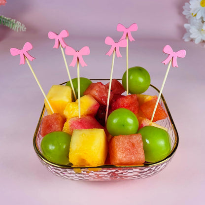 Pink Bow Fruit Skewer Sticks, 5 Inch Food Picks for Baby Shower Appetizers, Sandwich Dessert Toothpicks, Cocktail Drink Garnish for Coquette Birthday Themed Party Decorations (100PCS)