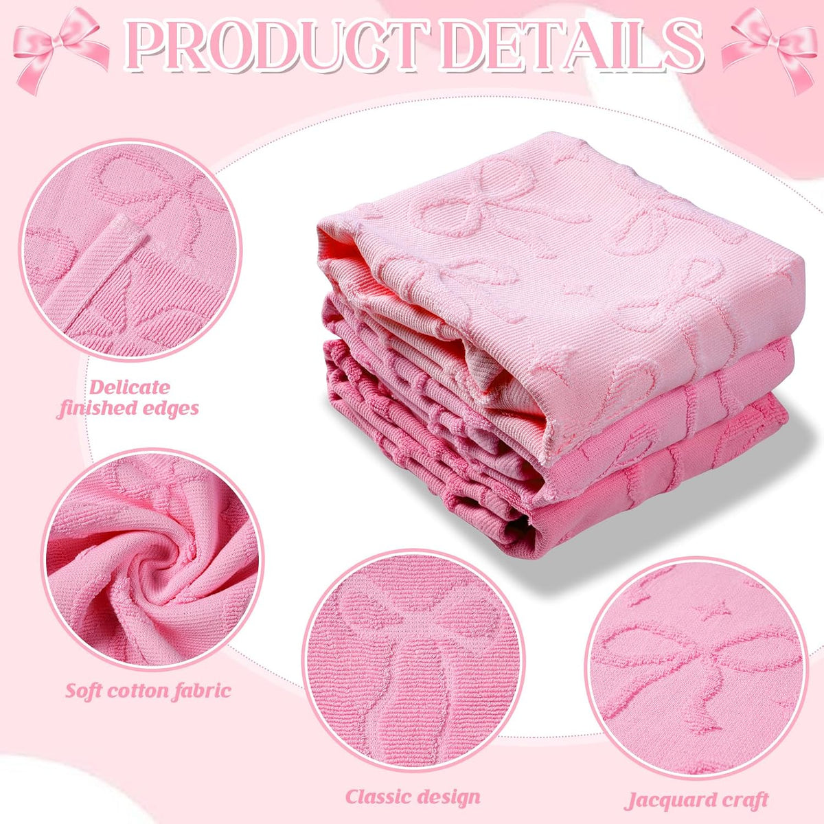 3 Pack Pink Coquette Bow Hand Towels for Bathroom 100% Cotton