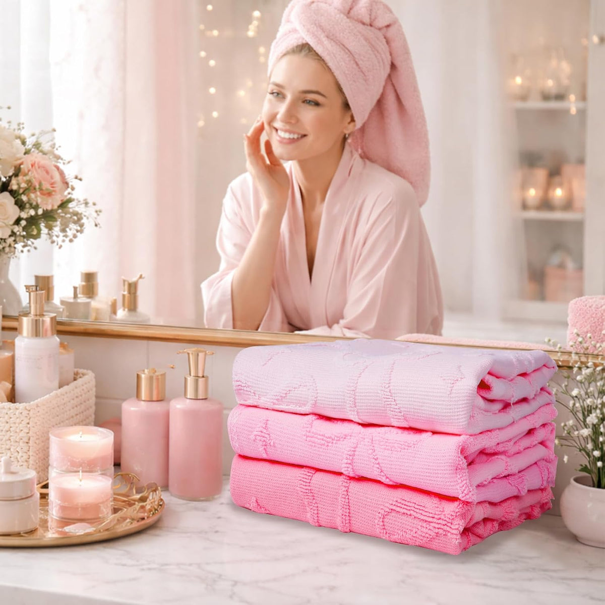3 Pack Pink Coquette Bow Hand Towels for Bathroom 100% Cotton
