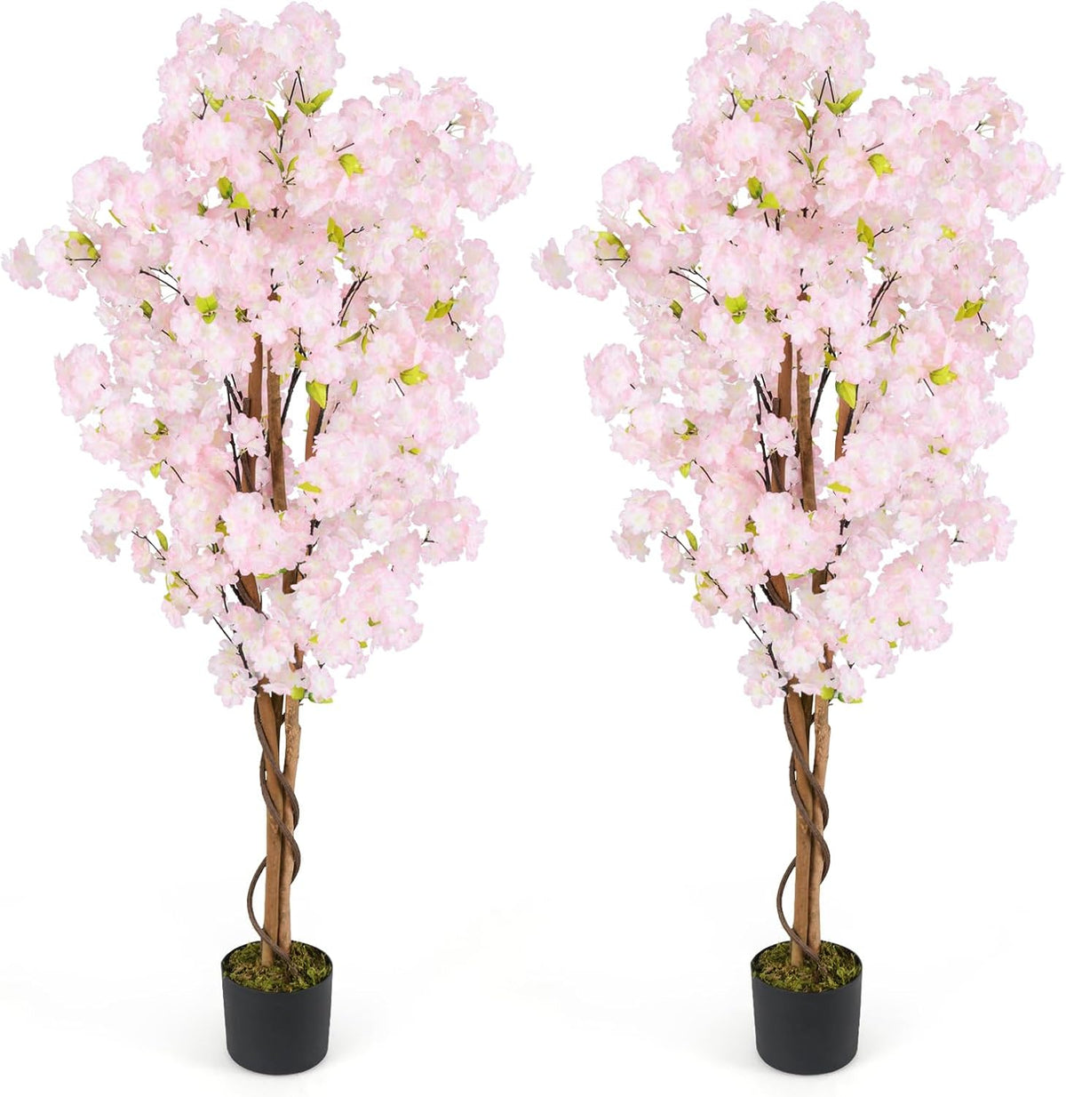 5FT Artificial Cherry Blossom Tree, 2 Pack Faux Pink Silk Plant with Solid Wood Trunk, Realistic Moss and Nursery Pot, Fake Sakura Flower Tree for Home Office Indoor Decor