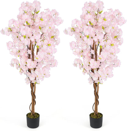5FT Artificial Cherry Blossom Tree, 2 Pack Faux Pink Silk Plant with Solid Wood Trunk, Realistic Moss and Nursery Pot, Fake Sakura Flower Tree for Home Office Indoor Decor