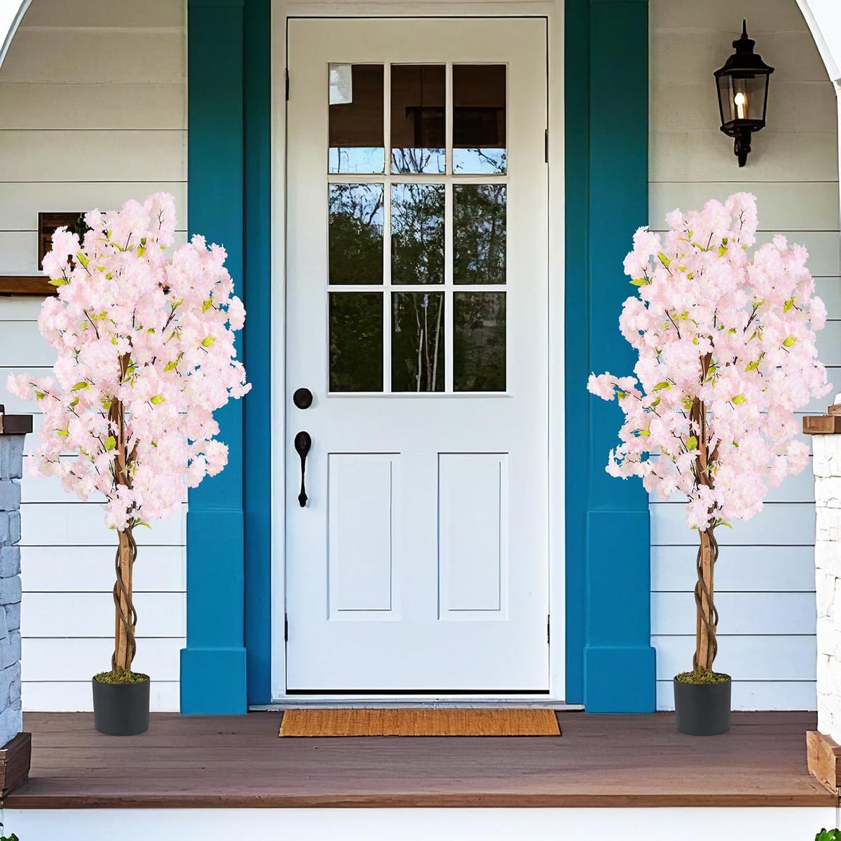 5FT Artificial Cherry Blossom Tree, 2 Pack Faux Pink Silk Plant with Solid Wood Trunk, Realistic Moss and Nursery Pot, Fake Sakura Flower Tree for Home Office Indoor Decor