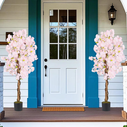 5FT Artificial Cherry Blossom Tree, 2 Pack Faux Pink Silk Plant with Solid Wood Trunk, Realistic Moss and Nursery Pot, Fake Sakura Flower Tree for Home Office Indoor Decor