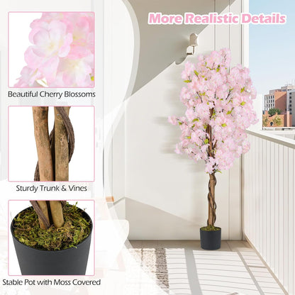 5FT Artificial Cherry Blossom Tree, 2 Pack Faux Pink Silk Plant with Solid Wood Trunk, Realistic Moss and Nursery Pot, Fake Sakura Flower Tree for Home Office Indoor Decor