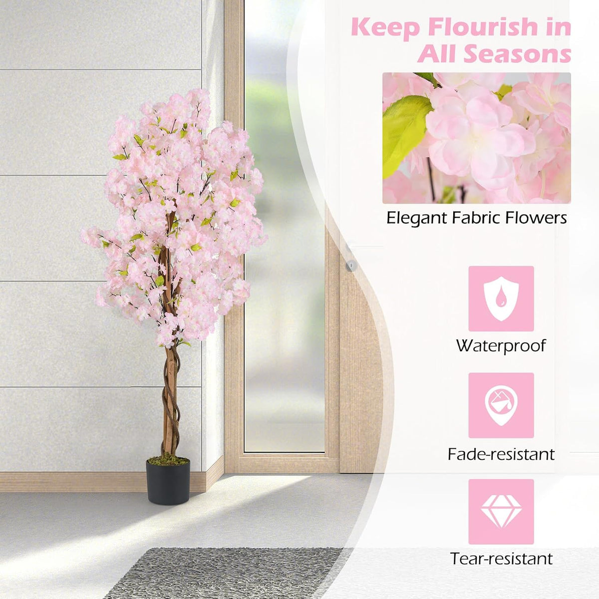 5FT Artificial Cherry Blossom Tree, 2 Pack Faux Pink Silk Plant with Solid Wood Trunk, Realistic Moss and Nursery Pot, Fake Sakura Flower Tree for Home Office Indoor Decor