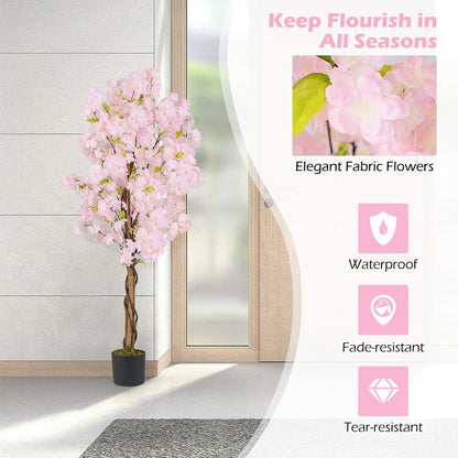5FT Artificial Cherry Blossom Tree, 2 Pack Faux Pink Silk Plant with Solid Wood Trunk, Realistic Moss and Nursery Pot, Fake Sakura Flower Tree for Home Office Indoor Decor