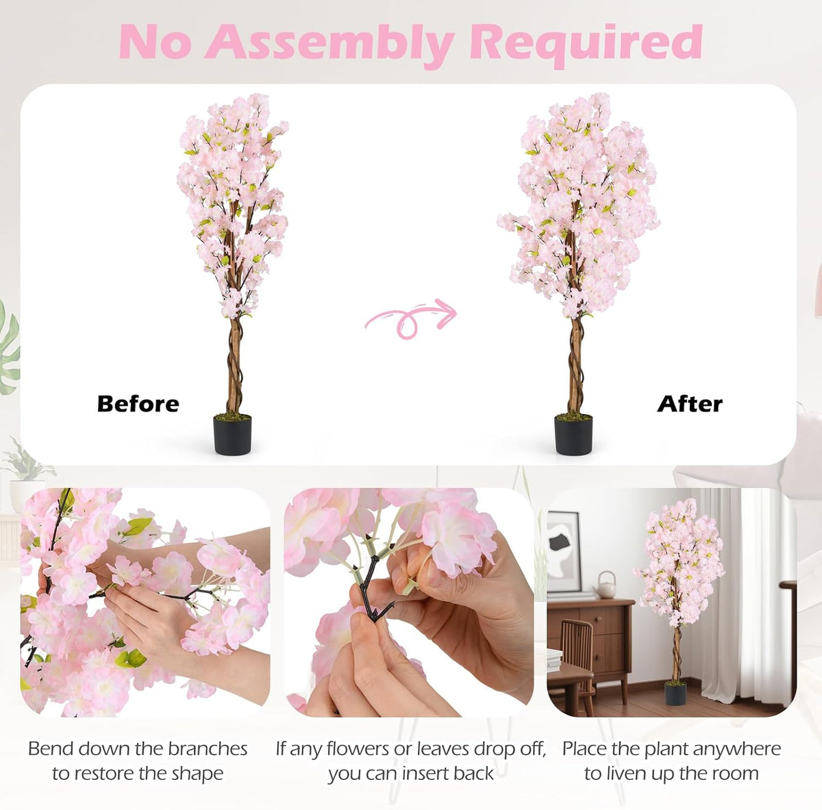 5FT Artificial Cherry Blossom Tree, 2 Pack Faux Pink Silk Plant with Solid Wood Trunk, Realistic Moss and Nursery Pot, Fake Sakura Flower Tree for Home Office Indoor Decor