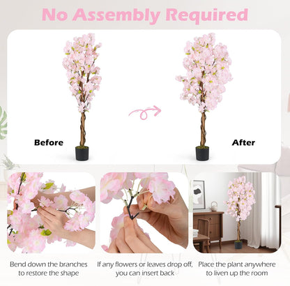 5FT Artificial Cherry Blossom Tree, 2 Pack Faux Pink Silk Plant with Solid Wood Trunk, Realistic Moss and Nursery Pot, Fake Sakura Flower Tree for Home Office Indoor Decor