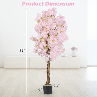 5FT Artificial Cherry Blossom Tree, 2 Pack Faux Pink Silk Plant with Solid Wood Trunk, Realistic Moss and Nursery Pot, Fake Sakura Flower Tree for Home Office Indoor Decor