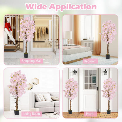 5FT Artificial Cherry Blossom Tree, 2 Pack Faux Pink Silk Plant with Solid Wood Trunk, Realistic Moss and Nursery Pot, Fake Sakura Flower Tree for Home Office Indoor Decor