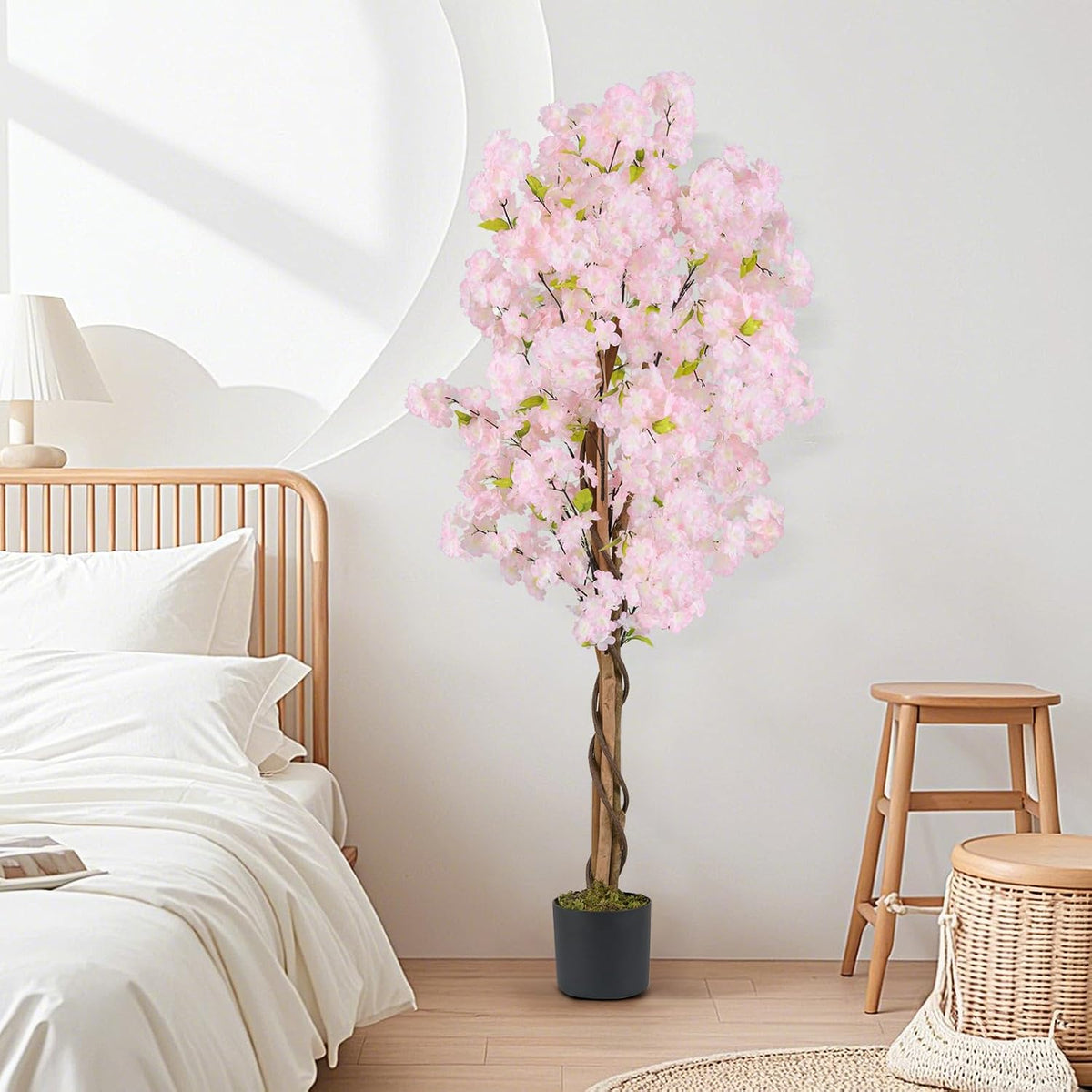 5FT Artificial Cherry Blossom Tree, 2 Pack Faux Pink Silk Plant with Solid Wood Trunk, Realistic Moss and Nursery Pot, Fake Sakura Flower Tree for Home Office Indoor Decor