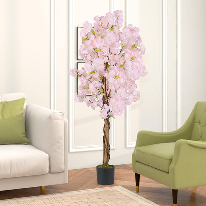 5FT Artificial Cherry Blossom Tree, 2 Pack Faux Pink Silk Plant with Solid Wood Trunk, Realistic Moss and Nursery Pot, Fake Sakura Flower Tree for Home Office Indoor Decor