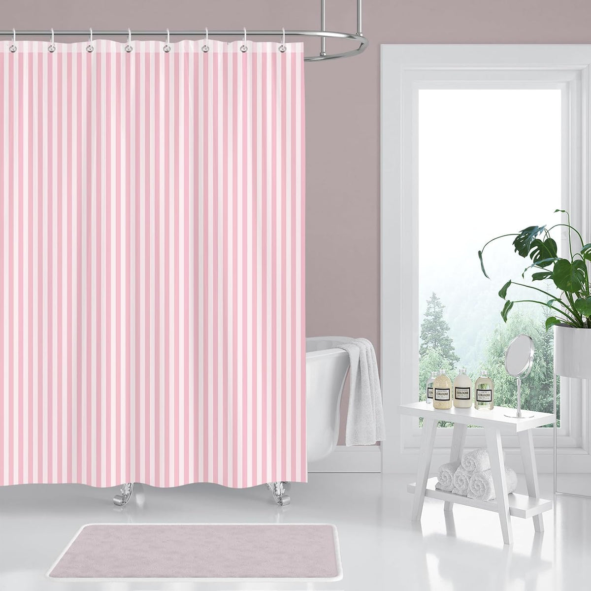 Pink and White Striped Shower Curtain for Bathroom 72 x 72 inch