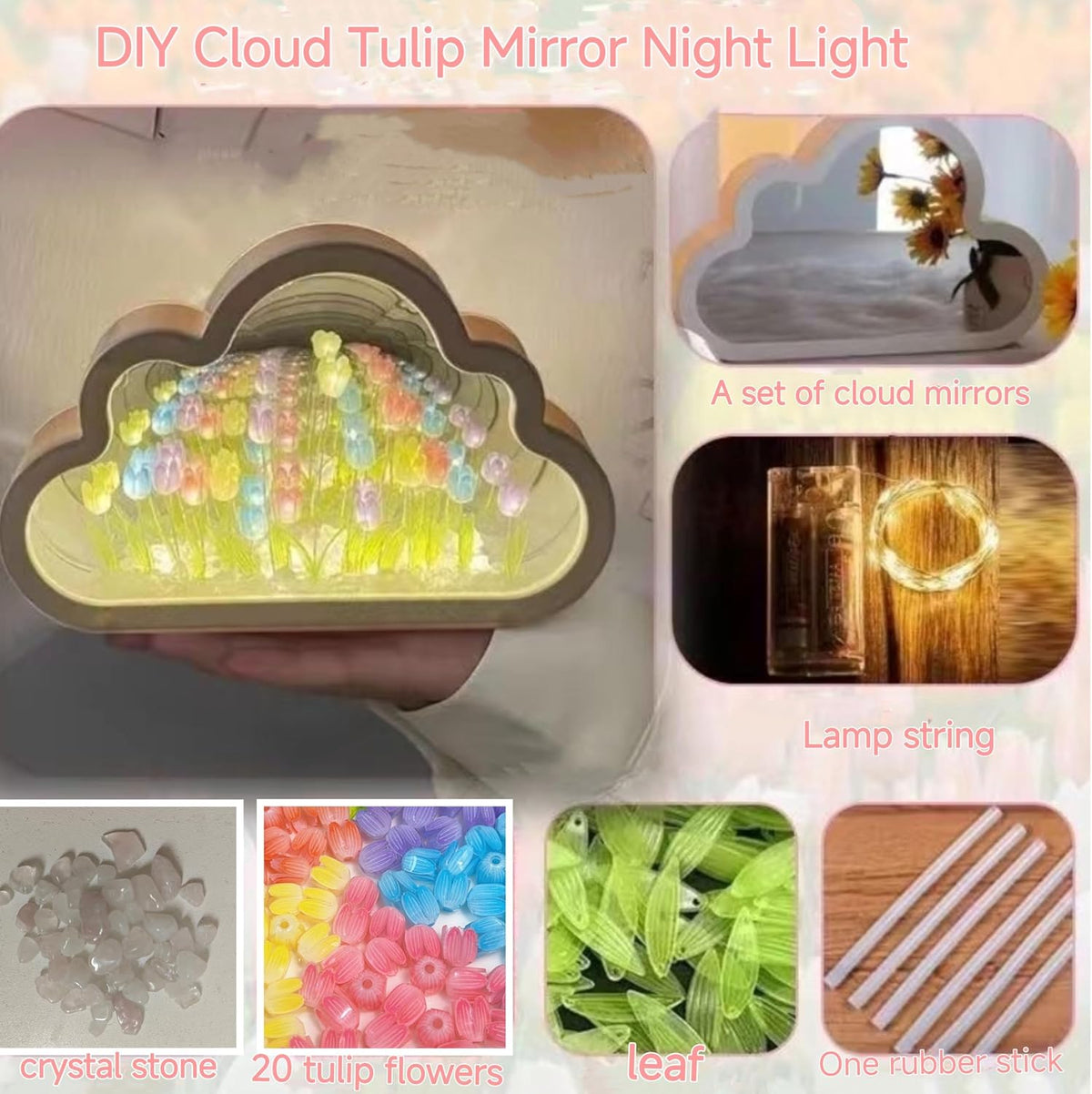 DIY Cloud Tulip Mirror Night Light, Simulation Flower Bedroom Cloud Tulip Table Lamp, Creative Home Decoration, Room Decor for Teen Girls(Pink)