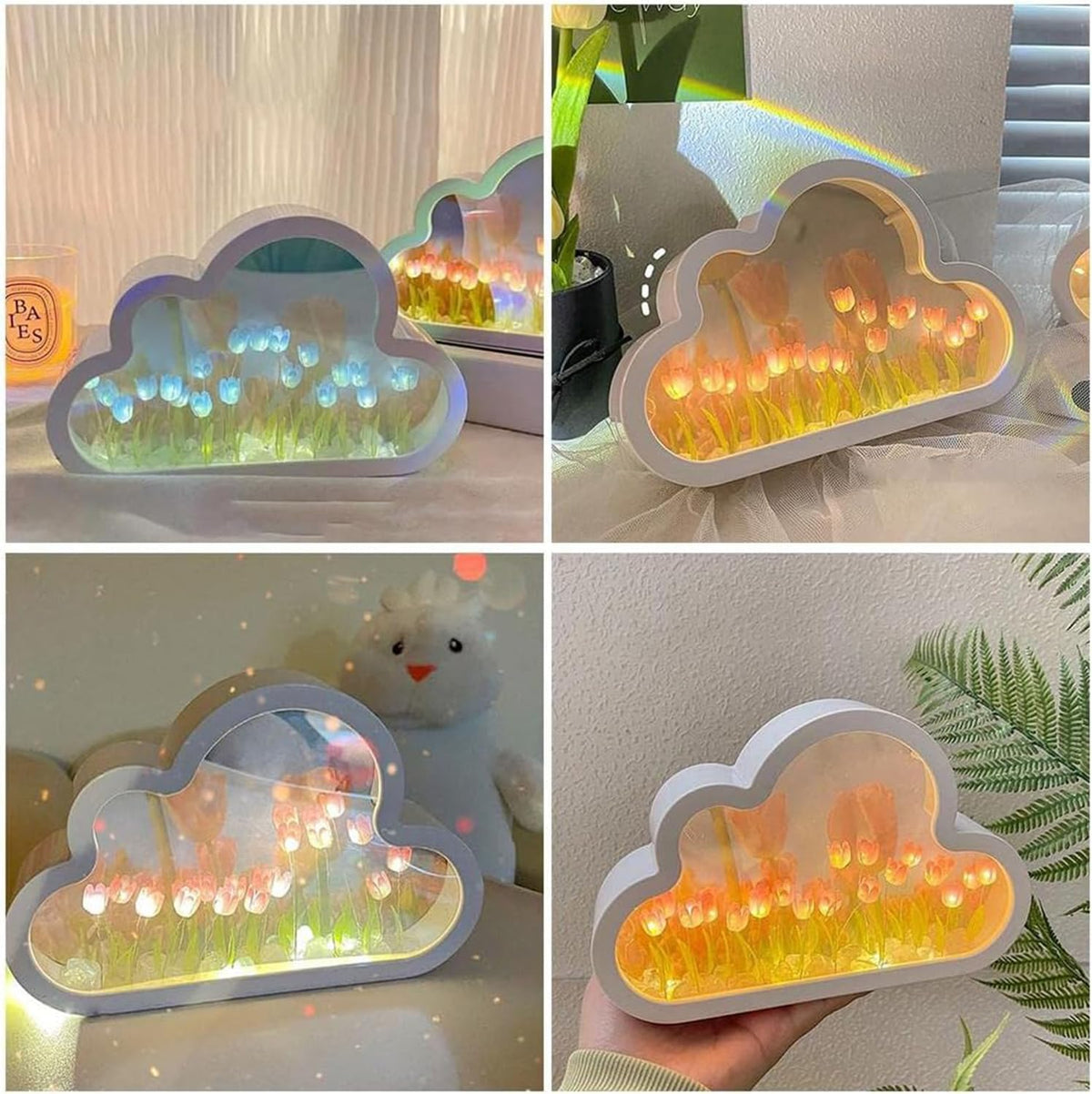 DIY Cloud Tulip Mirror Night Light, Simulation Flower Bedroom Cloud Tulip Table Lamp, Creative Home Decoration, Room Decor for Teen Girls(Pink)