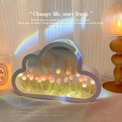DIY Cloud Tulip Mirror Night Light, Simulation Flower Bedroom Cloud Tulip Table Lamp, Creative Home Decoration, Room Decor for Teen Girls(Pink)