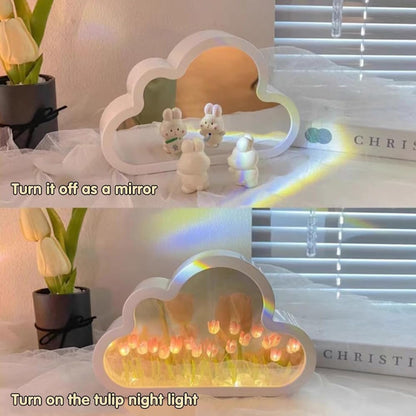 DIY Cloud Tulip Mirror Night Light, Simulation Flower Bedroom Cloud Tulip Table Lamp, Creative Home Decoration, Room Decor for Teen Girls(Pink)