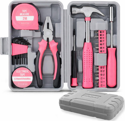 24pc Mini Tool Box Pink Household Tool Kit for Women – Basic DIY Starter Tool Set with Hammer, Pliers & Mini Storage Case for Home Repair, Apartment & Dorm
