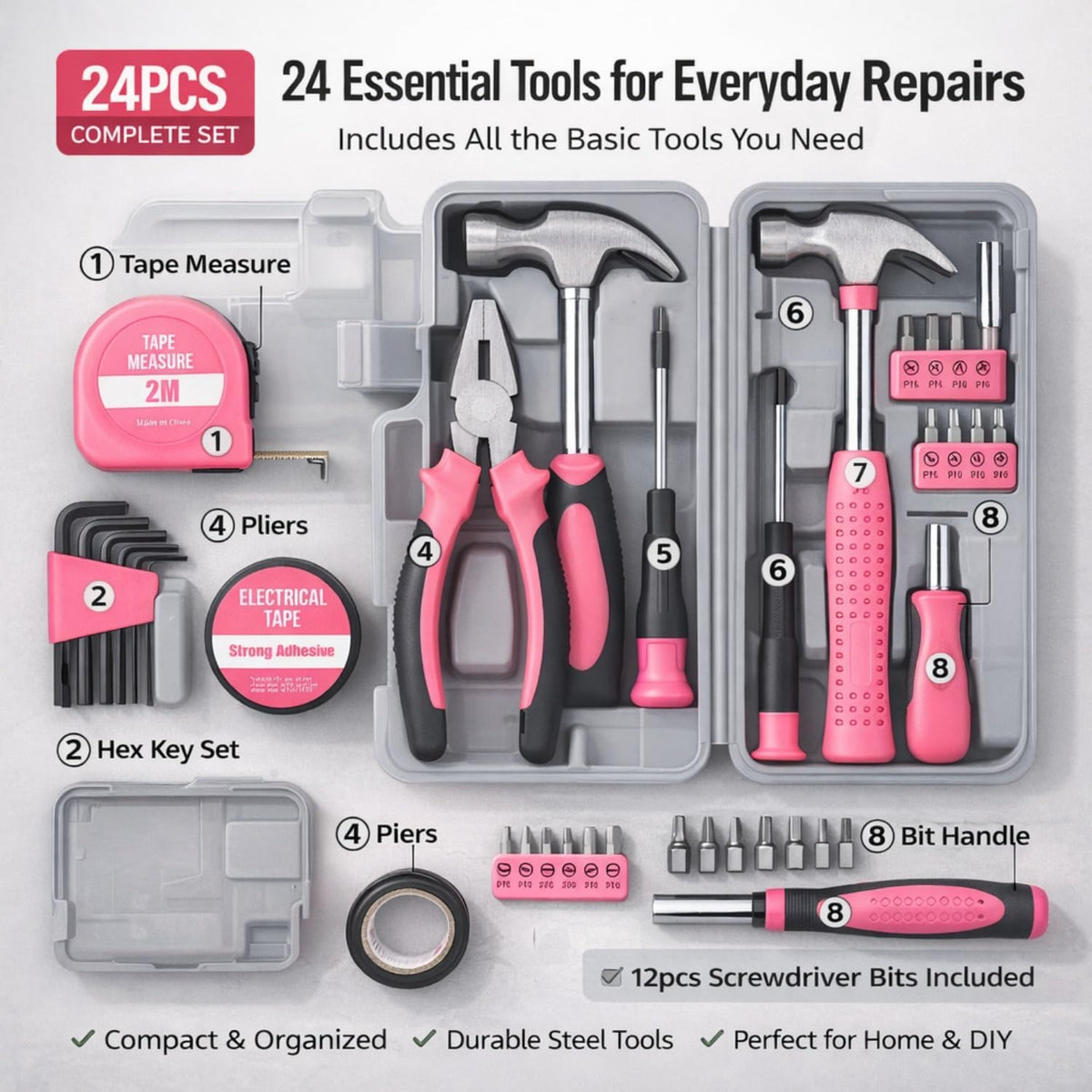 24pc Mini Tool Box Pink Household Tool Kit for Women – Basic DIY Starter Tool Set with Hammer, Pliers & Mini Storage Case for Home Repair, Apartment & Dorm