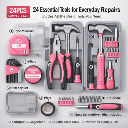 24pc Mini Tool Box Pink Household Tool Kit for Women – Basic DIY Starter Tool Set with Hammer, Pliers & Mini Storage Case for Home Repair, Apartment & Dorm