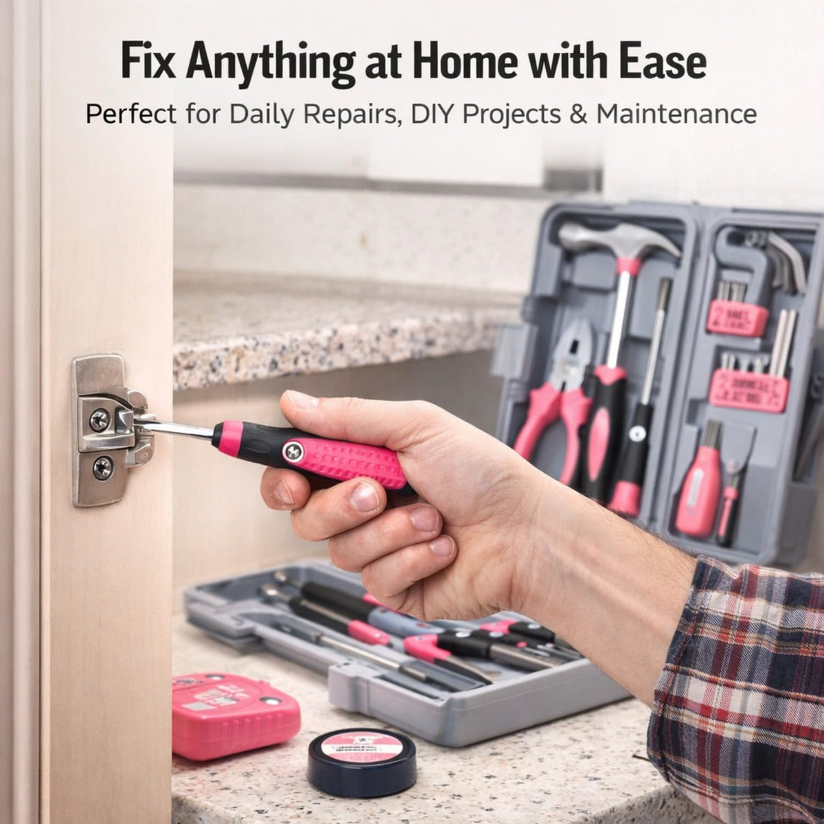 24pc Mini Tool Box Pink Household Tool Kit for Women – Basic DIY Starter Tool Set with Hammer, Pliers & Mini Storage Case for Home Repair, Apartment & Dorm