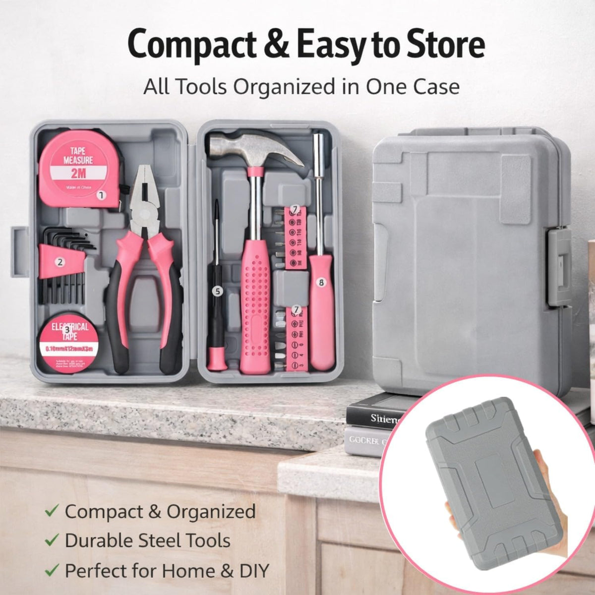 24pc Mini Tool Box Pink Household Tool Kit for Women – Basic DIY Starter Tool Set with Hammer, Pliers & Mini Storage Case for Home Repair, Apartment & Dorm
