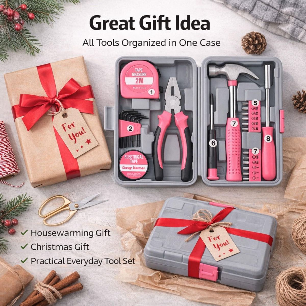 24pc Mini Tool Box Pink Household Tool Kit for Women – Basic DIY Starter Tool Set with Hammer, Pliers & Mini Storage Case for Home Repair, Apartment & Dorm