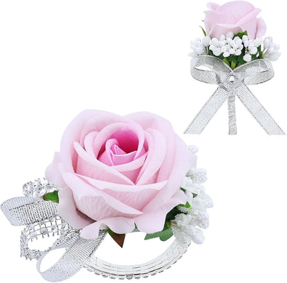 2Pcs Light Pink Rose Corsage and Boutonniere Set, Artificial Wrist Corsage Wristlet Bracelets, Men Boutonniere for Wedding Party Ceremony Homecoming Flowers Accessories Prom Decorations