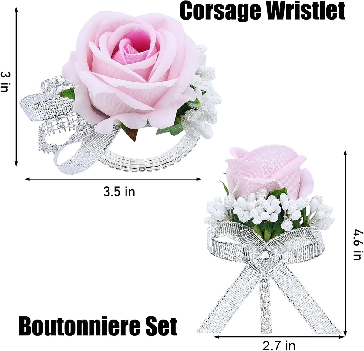 2Pcs Light Pink Rose Corsage and Boutonniere Set, Artificial Wrist Corsage Wristlet Bracelets, Men Boutonniere for Wedding Party Ceremony Homecoming Flowers Accessories Prom Decorations