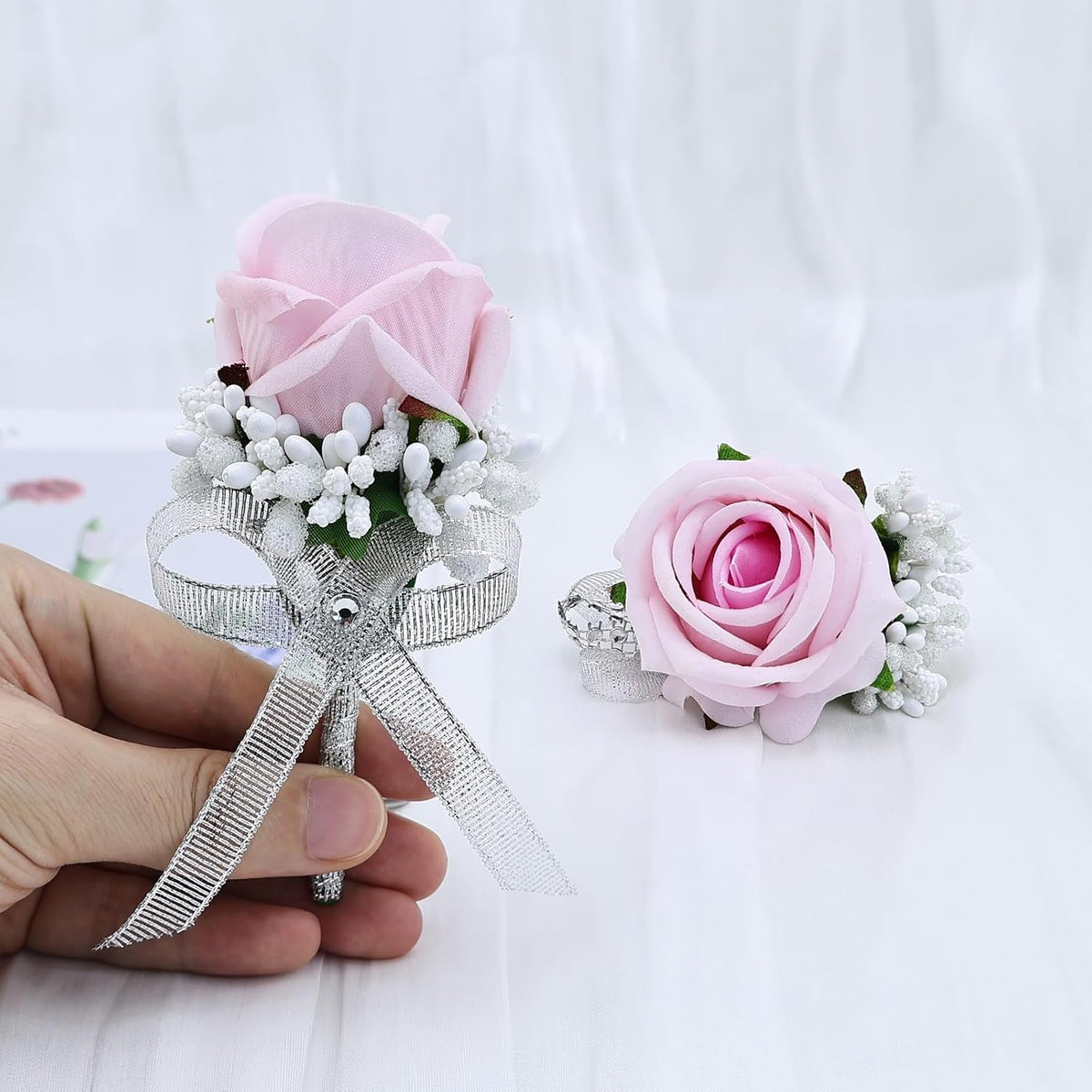 2Pcs Light Pink Rose Corsage and Boutonniere Set, Artificial Wrist Corsage Wristlet Bracelets, Men Boutonniere for Wedding Party Ceremony Homecoming Flowers Accessories Prom Decorations