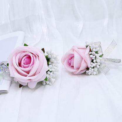 2Pcs Light Pink Rose Corsage and Boutonniere Set, Artificial Wrist Corsage Wristlet Bracelets, Men Boutonniere for Wedding Party Ceremony Homecoming Flowers Accessories Prom Decorations