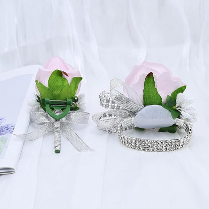 2Pcs Light Pink Rose Corsage and Boutonniere Set, Artificial Wrist Corsage Wristlet Bracelets, Men Boutonniere for Wedding Party Ceremony Homecoming Flowers Accessories Prom Decorations