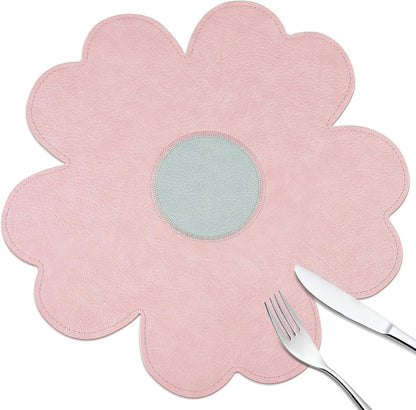 Pink Flower Shape PU Leather Placemats Set of 4, 15" Non-Slip Heat Resistant Table Mats for Kitchen Home Decor