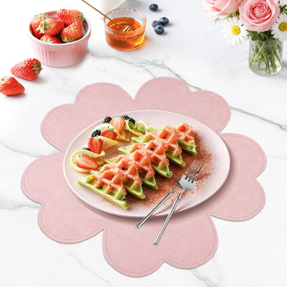 Pink Flower Shape PU Leather Placemats Set of 4, 15" Non-Slip Heat Resistant Table Mats for Kitchen Home Decor