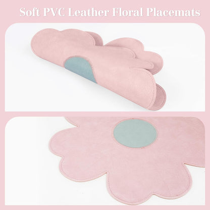 Pink Flower Shape PU Leather Placemats Set of 4, 15" Non-Slip Heat Resistant Table Mats for Kitchen Home Decor