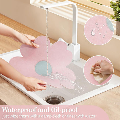 Pink Flower Shape PU Leather Placemats Set of 4, 15" Non-Slip Heat Resistant Table Mats for Kitchen Home Decor