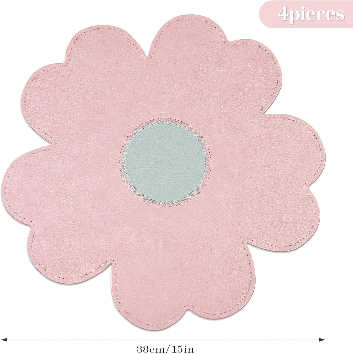 Pink Flower Shape PU Leather Placemats Set of 4, 15" Non-Slip Heat Resistant Table Mats for Kitchen Home Decor