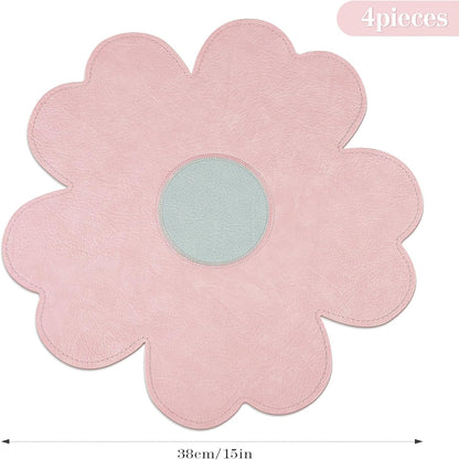 Pink Flower Shape PU Leather Placemats Set of 4, 15" Non-Slip Heat Resistant Table Mats for Kitchen Home Decor