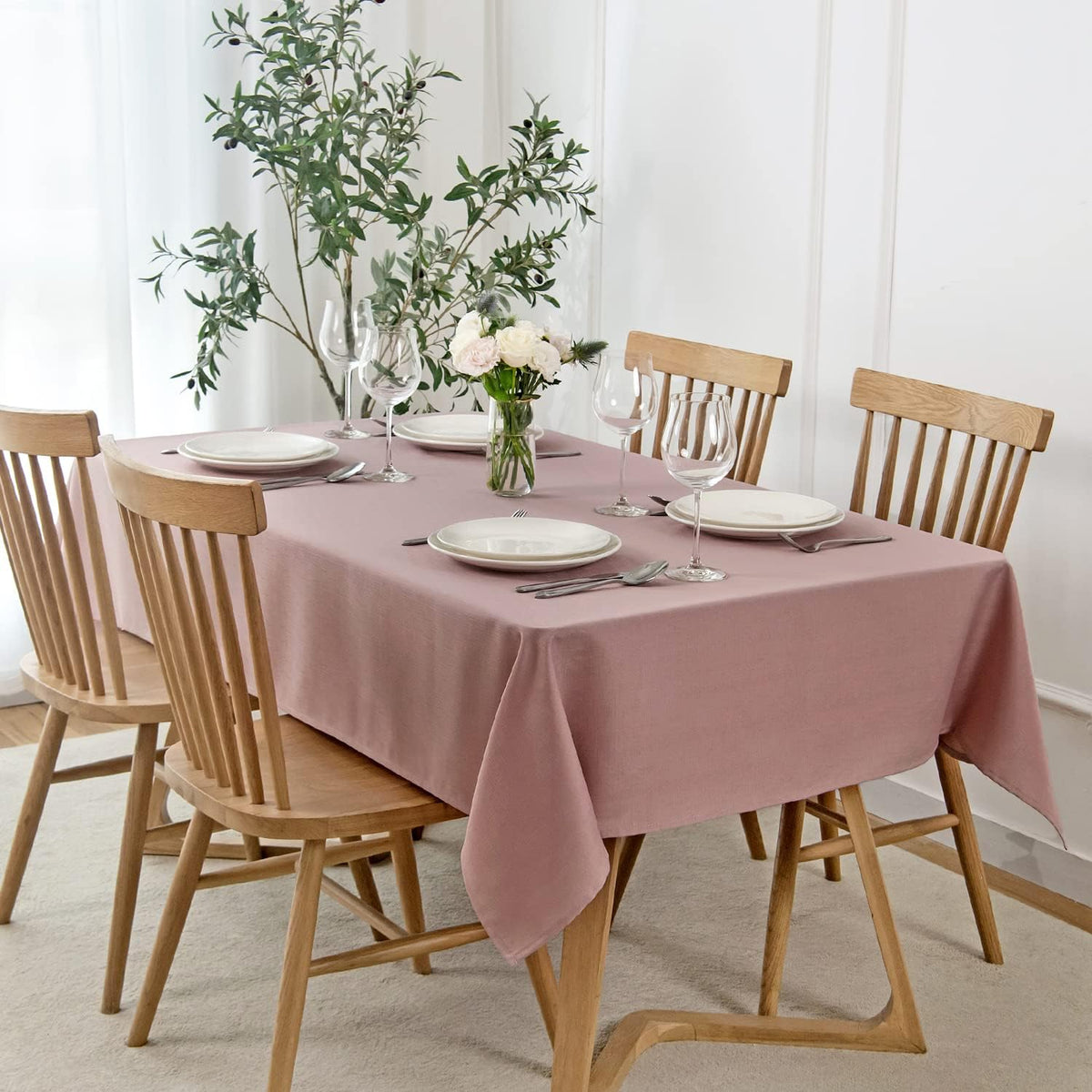 Faux Linen Textured Rectangle Tablecloth Water Resistant Wrinkle Free Spill-Proof, Soft Table Cloth for Dining Room Decoration, Banquet Parties Event Holiday Dinner, 60 x 84 Inch Dusty Pink