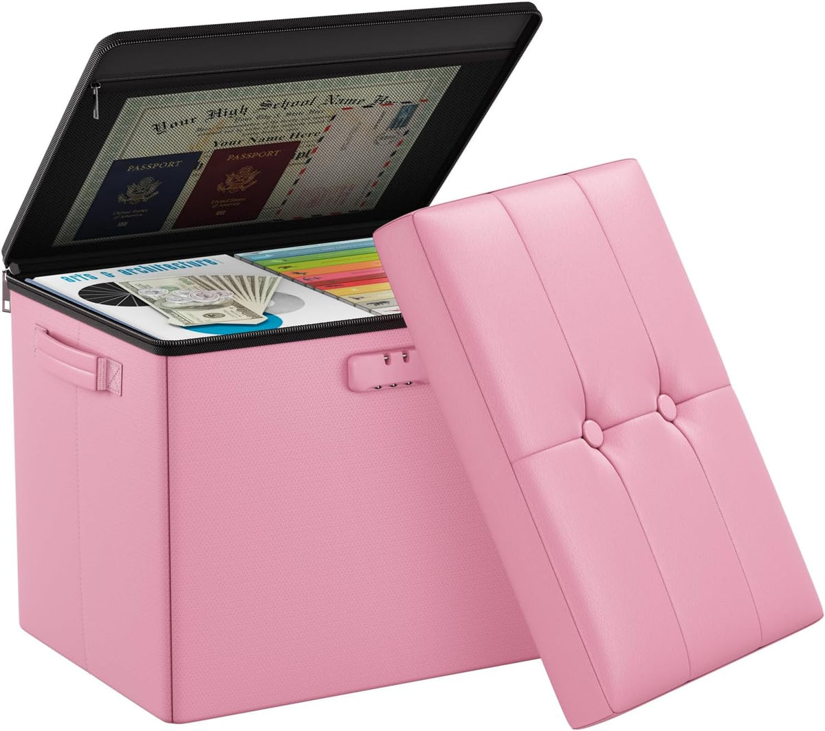 Storage Ottoman Foot Rest Stool with Lock ＆ Handles, Fireproof Folding Leather Footstool Bench with Storage Safe for Living Room Bedroom, Home Office, Dorm, 17x13x13in, Pink