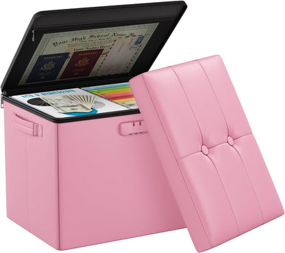 Storage Ottoman Foot Rest Stool with Lock ＆ Handles, Fireproof Folding Leather Footstool Bench with Storage Safe for Living Room Bedroom, Home Office, Dorm, 17x13x13in, Pink