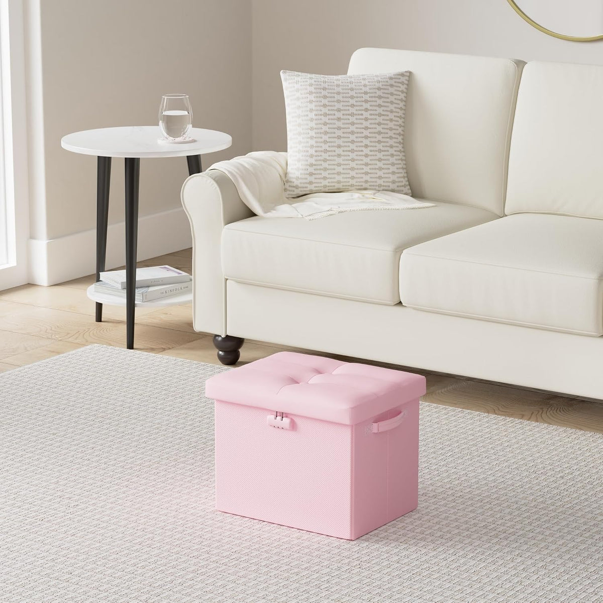Storage Ottoman Foot Rest Stool with Lock ＆ Handles, Fireproof Folding Leather Footstool Bench with Storage Safe for Living Room Bedroom, Home Office, Dorm, 17x13x13in, Pink