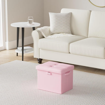 Storage Ottoman Foot Rest Stool with Lock ＆ Handles, Fireproof Folding Leather Footstool Bench with Storage Safe for Living Room Bedroom, Home Office, Dorm, 17x13x13in, Pink