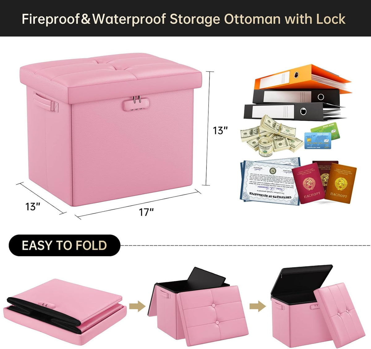 Storage Ottoman Foot Rest Stool with Lock ＆ Handles, Fireproof Folding Leather Footstool Bench with Storage Safe for Living Room Bedroom, Home Office, Dorm, 17x13x13in, Pink
