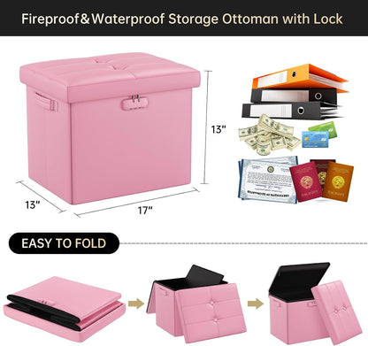 Storage Ottoman Foot Rest Stool with Lock ＆ Handles, Fireproof Folding Leather Footstool Bench with Storage Safe for Living Room Bedroom, Home Office, Dorm, 17x13x13in, Pink