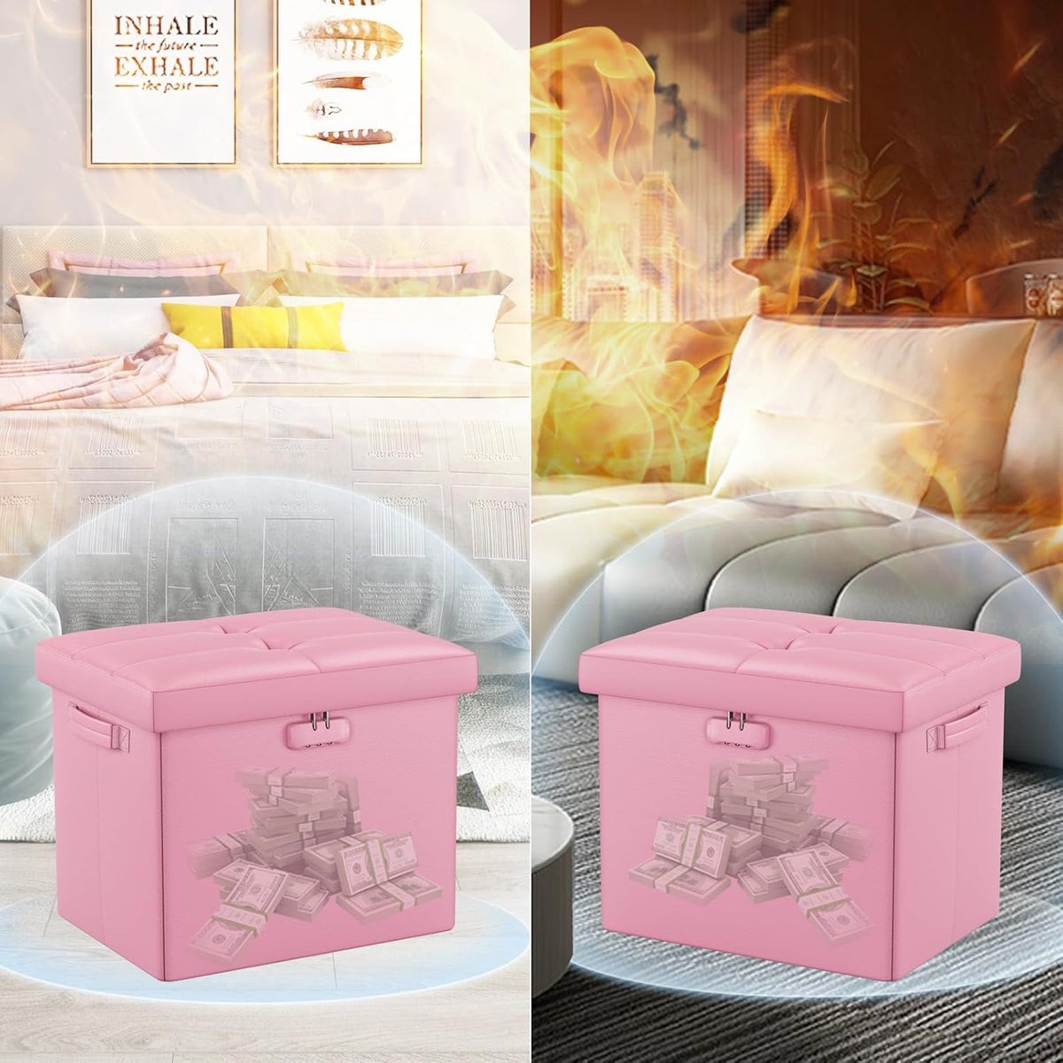 Storage Ottoman Foot Rest Stool with Lock ＆ Handles, Fireproof Folding Leather Footstool Bench with Storage Safe for Living Room Bedroom, Home Office, Dorm, 17x13x13in, Pink