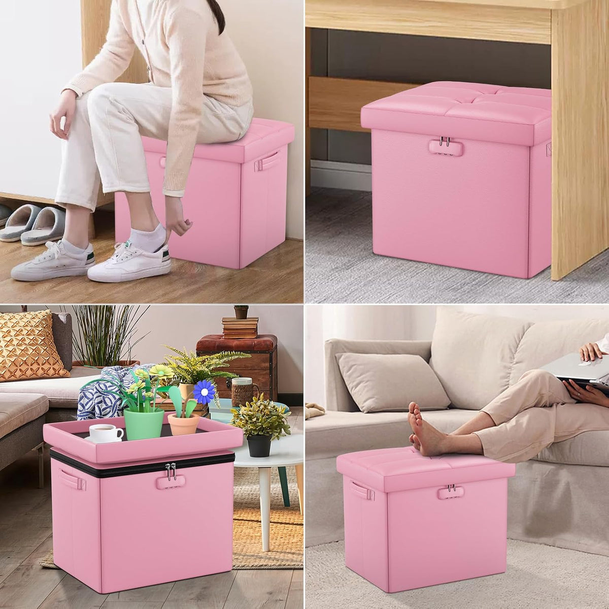 Storage Ottoman Foot Rest Stool with Lock ＆ Handles, Fireproof Folding Leather Footstool Bench with Storage Safe for Living Room Bedroom, Home Office, Dorm, 17x13x13in, Pink