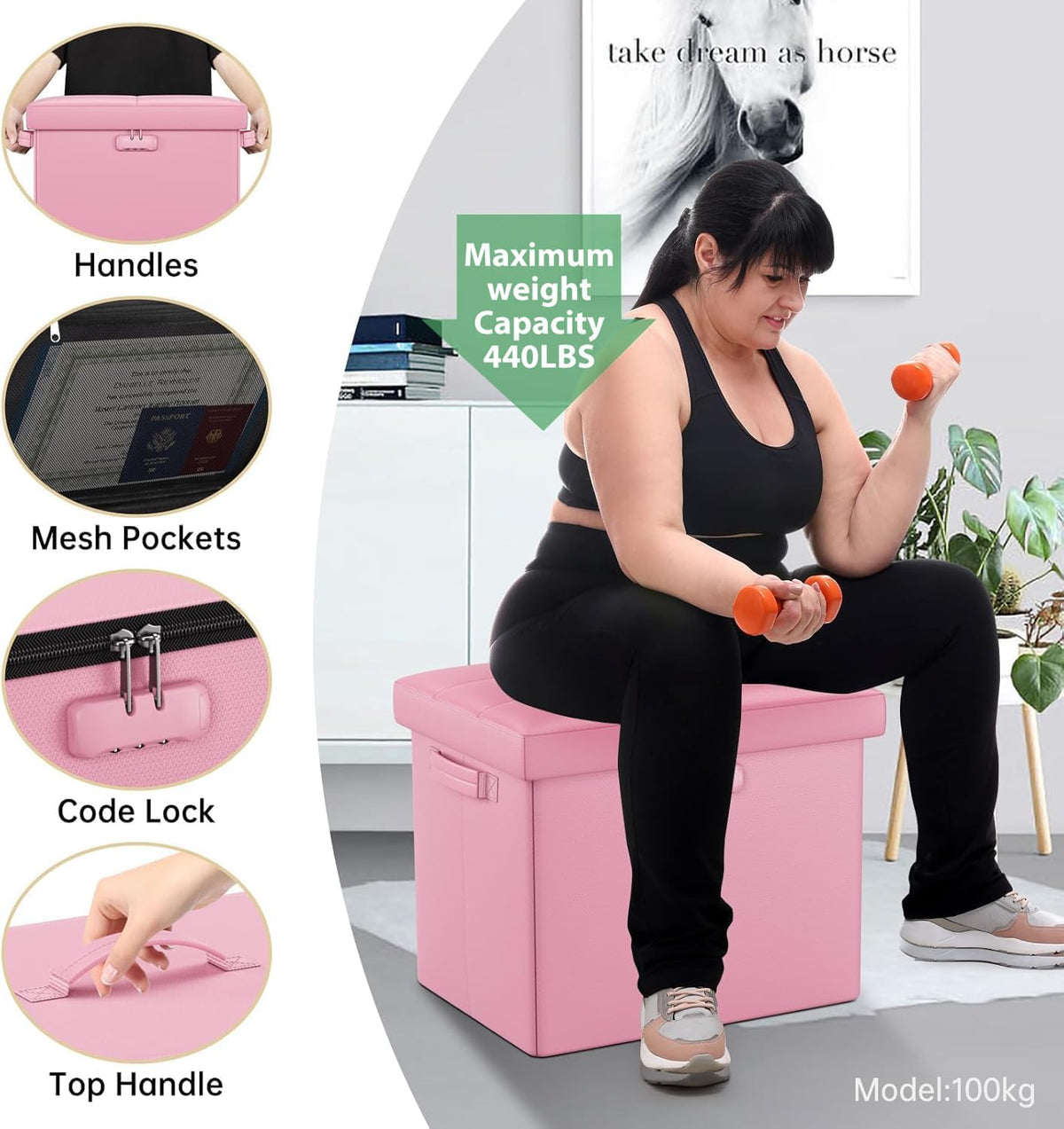Storage Ottoman Foot Rest Stool with Lock ＆ Handles, Fireproof Folding Leather Footstool Bench with Storage Safe for Living Room Bedroom, Home Office, Dorm, 17x13x13in, Pink